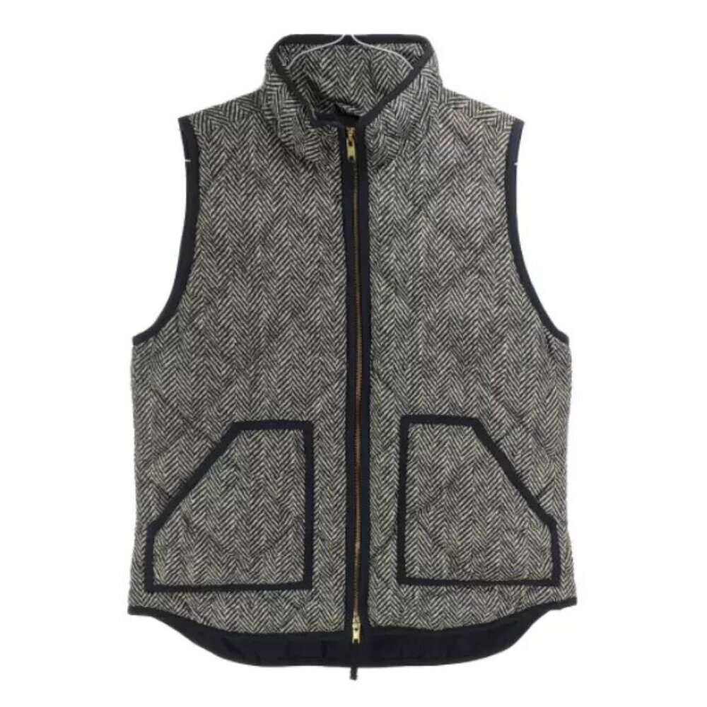 J. Crew Womens Black Tan Small Herringbone Vest Jacket Down & Feather In…